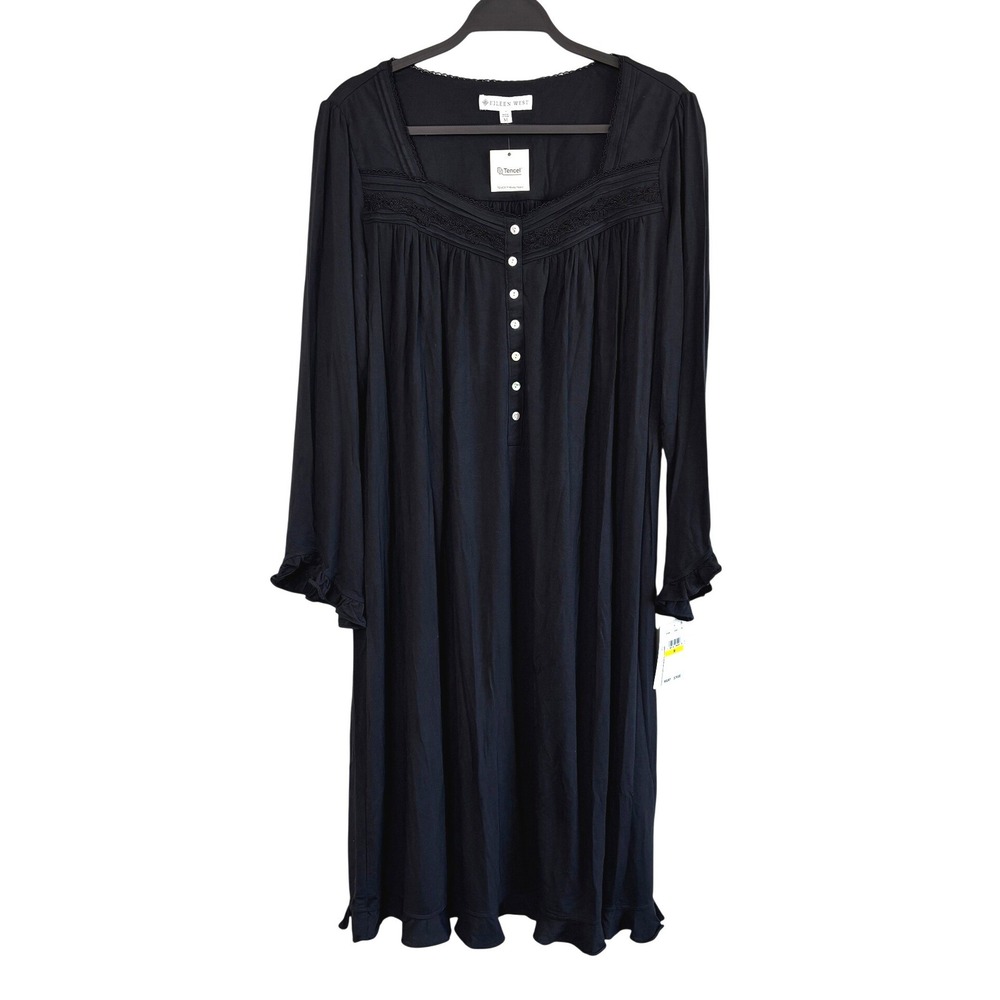 NEW Eileen West Black Tencel Modal Long Sleeve Nightgown Lace Trim Square Neck M